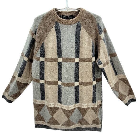 Gladys Bagley Vintage Angora Bohemian Geometric Crew Neck Oversized Sweater Top - Picture 1 of 13